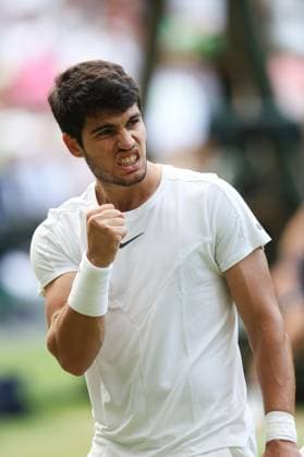 Wimbledon: Day Eight 10 July 2023, Wimbledon - Wimbledon Tennis Championships - Day Eight - Carlos Alcaraz (ESP) celebrates a point during his Gentlemen s Singles Round of 16 match against Matteo Berrettini (ITA) - Photo: Charlotte Wilson Offside. Wimbledon UK Copyright: xCharlottexWilsonx xOffsidexOffside