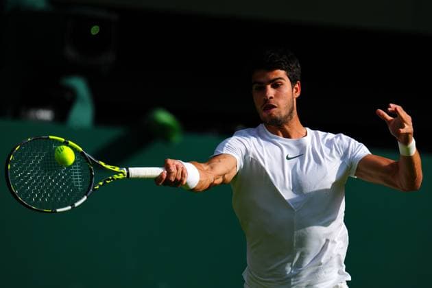 Mandatory Credit: Photo by Javier Garcia Shutterstock (14003748iz) Carlos Alcaraz during his fourth round match Wimbledon Tennis Championships, Day 8, The All England Lawn Tennis and Croquet Club, London, UK - 10 Jul 2023 Wimbledon Tennis Championships, Day 8, The All England Lawn Tennis and Croquet Club, London, UK - 10 Jul 2023  Copyright: xJavierxGarcia Shutterstockx 14003748iz
