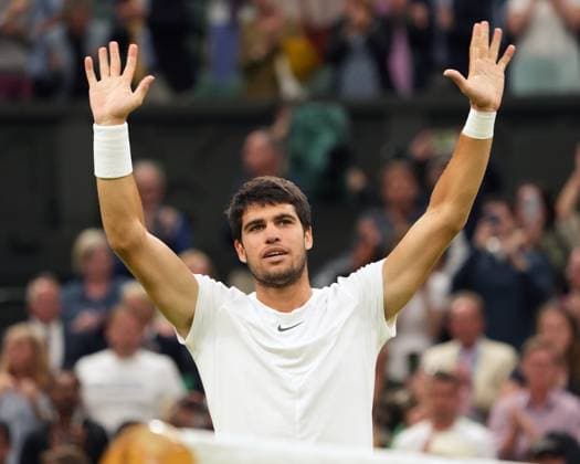 TennisTennis - 2023 Wimbledon Championships - Week Two - Day Eight - All England lawn Tennis & Racquet Club, Wimbledon - Monday 10th Mens singles - Carlos Alcaraz (ESP) v Matteo Berrettini (ITA) Carlos Alcaraz celebrates winning match point 
