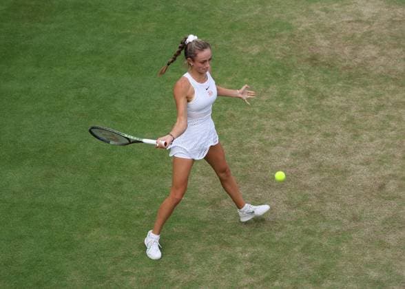 10th July 2023; All England Lawn Tennis and Croquet Club, London, England: Wimbledon Tennis Tournament; Isabelle Lacy (GBR) with a forehand shot to Clervie Ngounoue (USA)  ActionPlus12530044 JohnxPatrickxFletcher