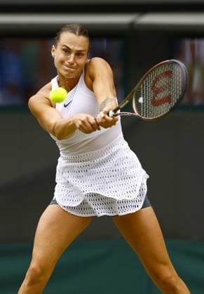 Tennis: Wimbledon championships Belarusian Aryna Sabalenka plays against Russian Ekaterina Alexandrova in the women s singles fourth round at the Wimbledon tennis tournament in London on July 10, 2023.  A14AA0001670006P  