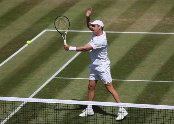 11th July 2023; All England Lawn Tennis and Croquet Club, London, England: Wimbledon Tennis Tournament; Horacio Zeballos (ARG) with a backhand shot to Lloyd Harris (RSA) mens doubles round of 16  ActionPlus12530059 JohnxPatrickxFletcher
