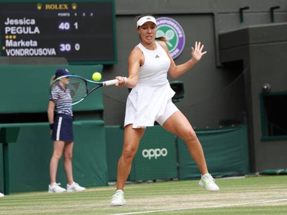 American Jessica Pegula plays a forehand in her match against Czech Marketa Vondrousova on day eight of the 2023 Wimbledon championships in London on Tuesday, July 11, 2023.  LON2023071110 HUGOxPHILPOTT