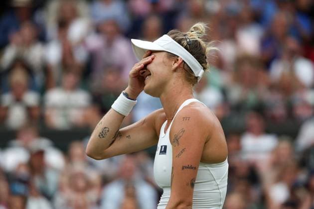11th July 2023; All England Lawn Tennis and Croquet Club, London, England: Wimbledon Tennis Tournament; Marketa Vondrousova (CZE) emotional in celebration after defeating Jessica Pegula (USA) by two sets to one  ActionPlus12530147 JohnxPatrickxFletcher