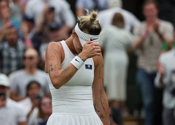 11th July 2023; All England Lawn Tennis and Croquet Club, London, England: Wimbledon Tennis Tournament; Marketa Vondrousova (CZE) emotional in celebration after defeating Jessica Pegula (USA) by two sets to one  ActionPlus12530151 JohnxPatrickxFletcher