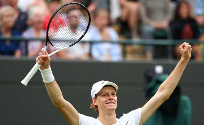 Mandatory Credit: Photo by Simon Dael Shutterstock (14003756ds) Jannik Sinner celebrates victory against Roman Safiullin in the quarter final Wimbledon Tennis Championships, Day 9, The All England Lawn Tennis and Croquet Club, London, UK - 11 Jul 2023 Wimbledon Tennis Championships, Day 9, The All England Lawn Tennis and Croquet Club, London, UK - 11 Jul 2023  Copyright: xSimonxDael Shutterstockx 14003756ds