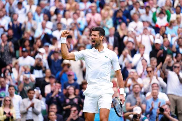 Mandatory Credit: Photo by Javier Garcia Shutterstock (14003753mv) Novak Djokovic celebrates victory in his quarter round match Wimbledon Tennis Championships, Day 9, The All England Lawn Tennis and Croquet Club, London, UK - 11 Jul 2023 Wimbledon Tennis Championships, Day 9, The All England Lawn Tennis and Croquet Club, London, UK - 11 Jul 2023  Copyright: xJavierxGarcia Shutterstockx 14003753mv
