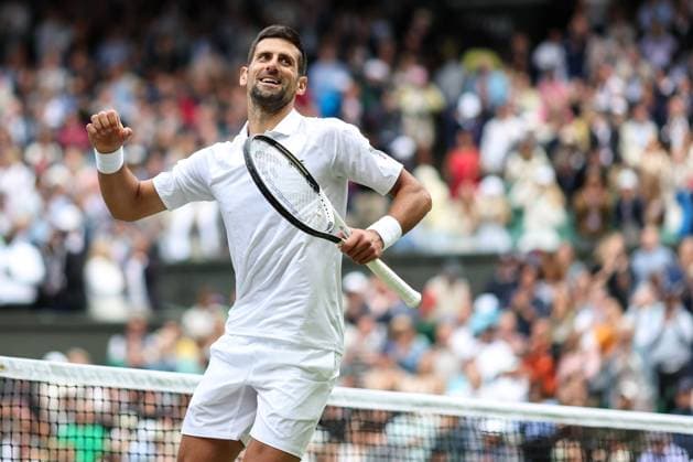 Wimbledon: Day Nine 11 July 2023, Wimbledon - Wimbledon Tennis Championships - Day Nine - Novak Djokovic (SRB) celebrates winning the match - Photo: Charlotte Wilson Offside. Wimbledon UK Copyright: xCharlottexWilsonx xOffsidexOffside