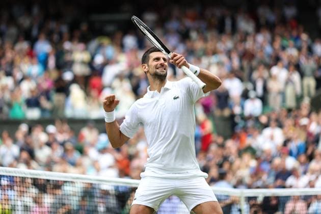 Wimbledon: Day Nine 11 July 2023, Wimbledon - Wimbledon Tennis Championships - Day Nine - Novak Djokovic (SRB) celebrates winning the match - Photo: Charlotte Wilson Offside. Wimbledon UK Copyright: xCharlottexWilsonx xOffsidexOffside