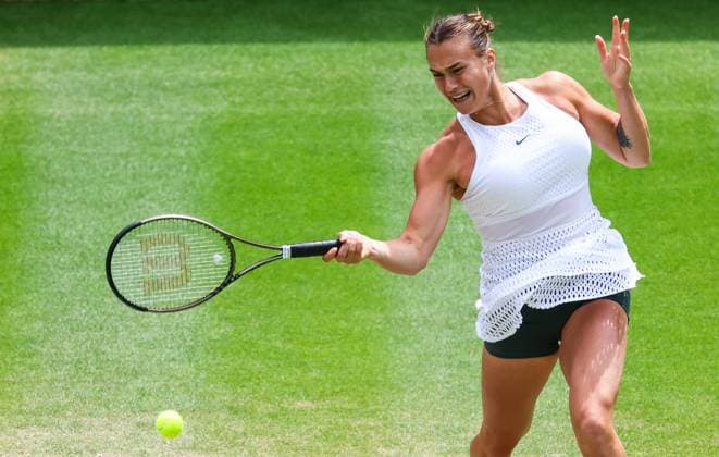 Mandatory Credit: Photo by Simon Dael Shutterstock (14006840a) Aryna Sabalenka breaks serve in the first game of the match Wimbledon Tennis Championships, Day 10, The All England Lawn Tennis and Croquet Club, London, UK - 12 Jul 2023 Wimbledon Tennis Championships, Day 10, The All England Lawn Tennis and Croquet Club, London, UK - 12 Jul 2023  Copyright: xSimonxDael Shutterstockx 14006840a