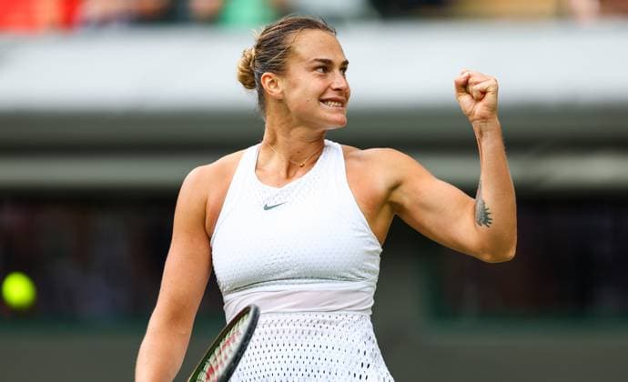 Mandatory Credit: Photo by Simon Dael Shutterstock (14006840an) Aryna Sabalenka celebrates winning her match against Madison Keys Wimbledon Tennis Championships, Day 10, The All England Lawn Tennis and Croquet Club, London, UK - 12 Jul 2023 Wimbledon Tennis Championships, Day 10, The All England Lawn Tennis and Croquet Club, London, UK - 12 Jul 2023  Copyright: xSimonxDael Shutterstockx 14006840an