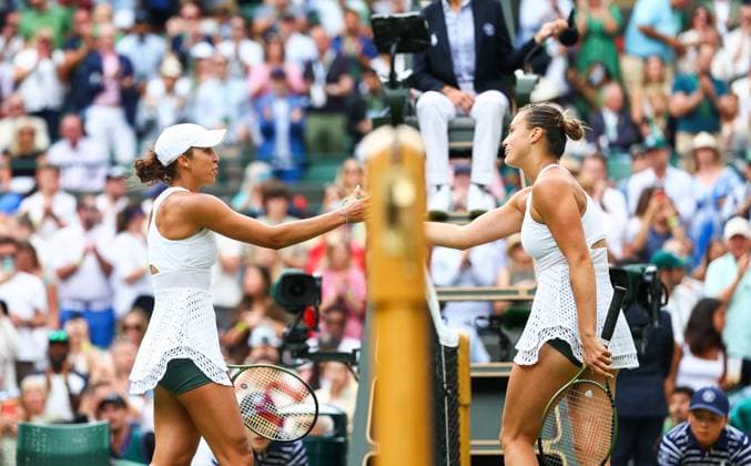 Mandatory Credit: Photo by Simon Dael Shutterstock (14006840az) Aryna Sabalenka shakes hands with Madison Keys at the end of the match Wimbledon Tennis Championships, Day 10, The All England Lawn Tennis and Croquet Club, London, UK - 12 Jul 2023 Wimbledon Tennis Championships, Day 10, The All England Lawn Tennis and Croquet Club, London, UK - 12 Jul 2023  Copyright: xSimonxDael Shutterstockx 14006840az