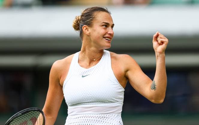Mandatory Credit: Photo by Simon Dael Shutterstock (14006840ba) Aryna Sabalenka celebrates winning her match against Madison Keys Wimbledon Tennis Championships, Day 10, The All England Lawn Tennis and Croquet Club, London, UK - 12 Jul 2023 Wimbledon Tennis Championships, Day 10, The All England Lawn Tennis and Croquet Club, London, UK - 12 Jul 2023  Copyright: xSimonxDael Shutterstockx 14006840ba
