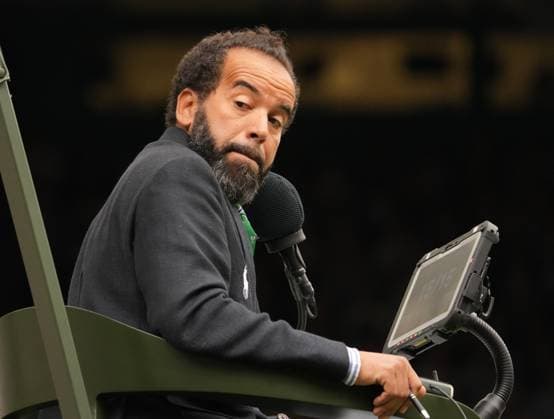 Tennis - 2023 Wimbledon Championships - Week Two - Day Ten - All England lawn Tennis & Racquet Club, Wimbledon - Wednesday 12th Ladies singles - Ons Jabeur (TUN) v Elena Rybakina (KAZ) Umpire, Kadar Nouni 