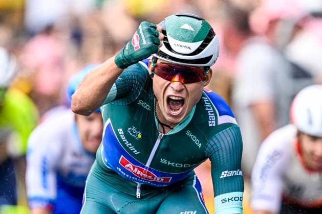 MOULINS, FRANCE - JULY 12 : Philipsen Jasper (BEL) of Alpecin-Deceuninck celebrating his victory during stage 11 of the 110th edition of the Tour de France 2023 cycling race, a stage of 180 kms with start in Clermont-Ferrand and finish in Moulins on July 12, 2023 in Moulins, France, 12 07 2023 ( Motordriver Kenny Verfaillie - Tour de France 2023 - Stage 11 PhotoNews Panoramic 