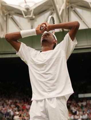 Tennis - 2023 Wimbledon Championships - Week Two - Day Ten - All England lawn Tennis & Racquet Club, Wimbledon - Wednesday 12th Mens singles - Danili Medvedev v Christopher Eubanks (USA) Agony for Christopher Eubanks as he misses a shot 