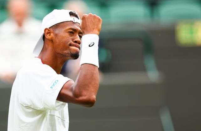 Mandatory Credit: Photo by Simon Dael Shutterstock (14006840de) Christopher Eubanks celebrates holding his serve in the fifth set Wimbledon Tennis Championships, Day 10, The All England Lawn Tennis and Croquet Club, London, UK - 12 Jul 2023 Wimbledon Tennis Championships, Day 10, The All England Lawn Tennis and Croquet Club, London, UK - 12 Jul 2023  Copyright: xSimonxDael Shutterstockx 14006840de