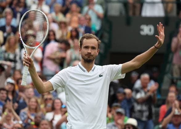 12th July 2023; All England Lawn Tennis and Croquet Club, London, England: Wimbledon Tennis Tournament; Daniil& xa0;Medvedev (RUS) celebrates towards a Court One crowd after defeating Christopher& xa0;Eubanks (USA) by three sets to two  ActionPlus12530765 JohnxPatrickxFletcher
