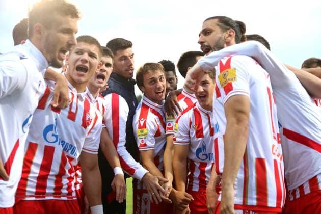 Russian Federation. Saint-Petersburg. Stadium Change. The award ceremony of the Paris Premier Cup after the end of the match Crvena Zvezda Belgrade - Fenerbahce Istanbul. The joy of the players of the Crvena Zvezda football club. Jovan Mijatovic, Aleksandar Dragovic MaksimxKonstantinov