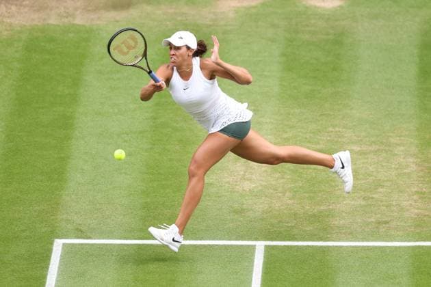 12th July 2023; All England Lawn Tennis and Croquet Club, London, England: Wimbledon Tennis Tournament; serves plays a forehand shot to Madison Keys  ActionPlus12530978 ShaunxBrooks