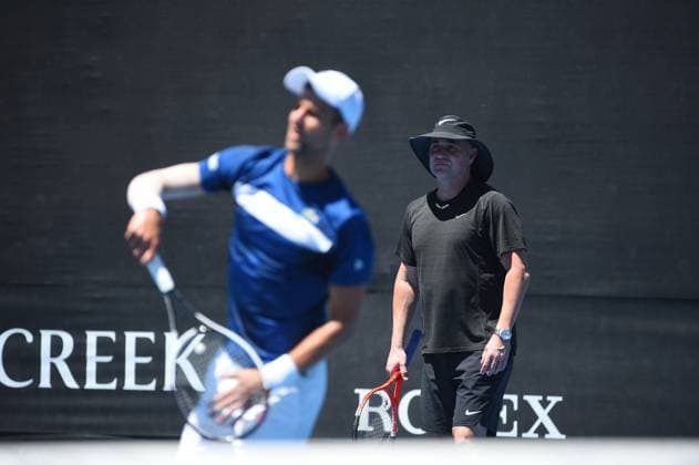 2018 Australian Open at Melbourne Novak Djokovic (SRB) with his coach Andre Agassi (USA) during practice at the 2018 Australian Open at Melbourne Park in Melbourne, AUSTRALIA, on January 19, 2018. Photo by Corinne Dubreuil ABACAPRESS.COM MELBOURNE  Copyright: xDubreuilxCorinne ABACAx 622375_011 DubreuilxCorinne ABACAx 622375_011