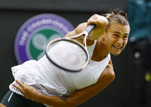 Tennis: Wimbledon championships Aryna Sabalenka of Belarus plays against Madison Keys of the United States in the women s singles quarterfinals at the Wimbledon tennis tournament in London on July 12, 2023.  A14AA0001677393P  