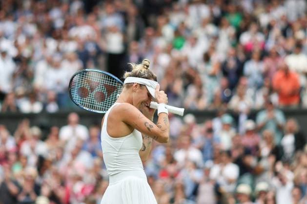 Wimbledon: Day Eleven 13 July 2023, Wimbledon - Wimbledon Tennis Championships - Day Eleven - Marketa Vondrousova (CZE) celebrates victory following her Ladies Singles Semi Finals match against Elina Svitolina (UKR) - Photo: Charlotte Wilson Offside. Wimbledon UK Copyright: xCharlottexWilsonx xOffsidexOffside