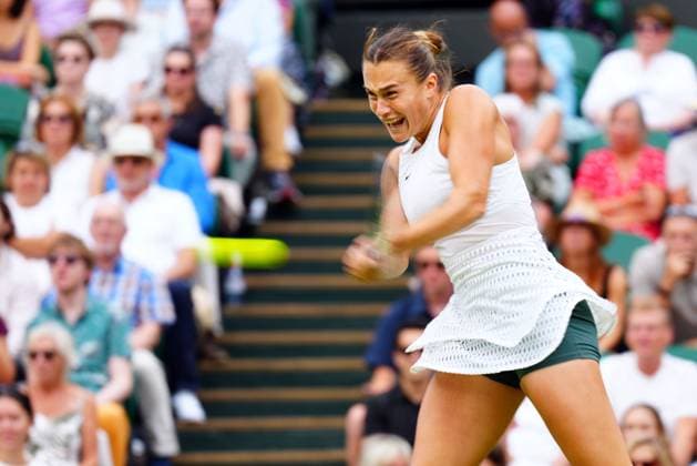 Mandatory Credit: Photo by Javier Garcia Shutterstock (14006845br) Aryna Sabalenka during her semi final match Wimbledon Tennis Championships, Day 11, The All England Lawn Tennis and Croquet Club, London, UK - 13 Jul 2023 Wimbledon Tennis Championships, Day 11, The All England Lawn Tennis and Croquet Club, London, UK - 13 Jul 2023  Copyright: xJavierxGarcia Shutterstockx 14006845br