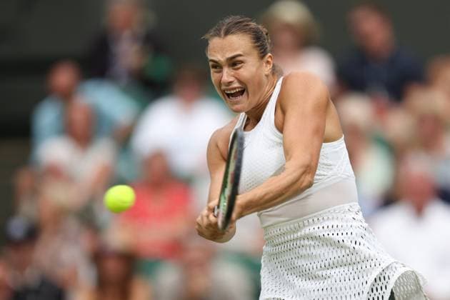 Wimbledon: Day Eleven 13 July 2023, Wimbledon - Wimbledon Tennis Championships - Day Eleven - Aryna Sabalenka in action during her Ladies Singles Semi Finals match against Ons Jabeur (TUN) - Photo: Charlotte Wilson Offside. Wimbledon UK Copyright: xCharlottexWilsonx xOffsidexOffside