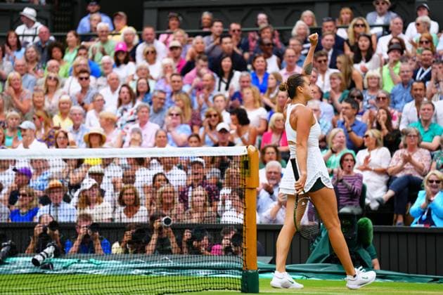 Mandatory Credit: Photo by Javier Garcia Shutterstock (14006845ea) Aryna Sabalenka celebrates during her semi final match Wimbledon Tennis Championships, Day 11, The All England Lawn Tennis and Croquet Club, London, UK - 13 Jul 2023 Wimbledon Tennis Championships, Day 11, The All England Lawn Tennis and Croquet Club, London, UK - 13 Jul 2023  Copyright: xJavierxGarcia Shutterstockx 14006845ea
