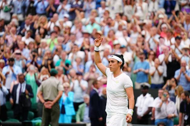 Mandatory Credit: Photo by Javier Garcia Shutterstock (14006845ez) Ons Jabeur celebrates victory in her her semi final match Wimbledon Tennis Championships, Day 11, The All England Lawn Tennis and Croquet Club, London, UK - 13 Jul 2023 Wimbledon Tennis Championships, Day 11, The All England Lawn Tennis and Croquet Club, London, UK - 13 Jul 2023  Copyright: xJavierxGarcia Shutterstockx 14006845ez
