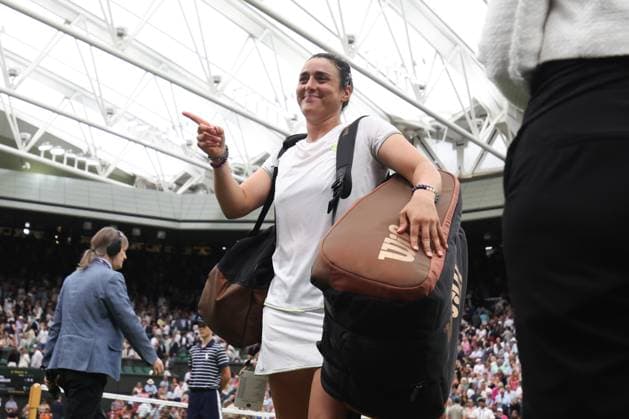 Wimbledon: Day Eleven 13 July 2023, Wimbledon - Wimbledon Tennis Championships - Day Eleven - Ons Jabeur (TUN) celebrates victory after her Ladies Singles Semi Finals match against Aryna Sabalenka - Photo: Charlotte Wilson Offside. Wimbledon UK Copyright: xCharlottexWilsonx xOffsidexOffside