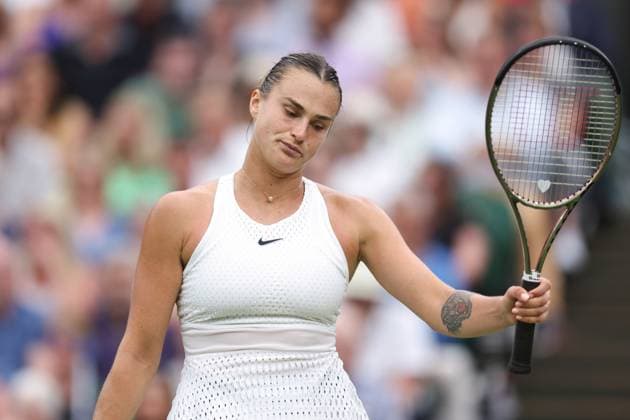 Wimbledon: Day Eleven 13 July 2023, Wimbledon - Wimbledon Tennis Championships - Day Eleven - Aryna Sabalenka looks dejected following her Ladies Singles Semi Finals match loss against Ons Jabeur (TUN) - Photo: Charlotte Wilson Offside. Wimbledon UK Copyright: xCharlottexWilsonx xOffsidexOffside