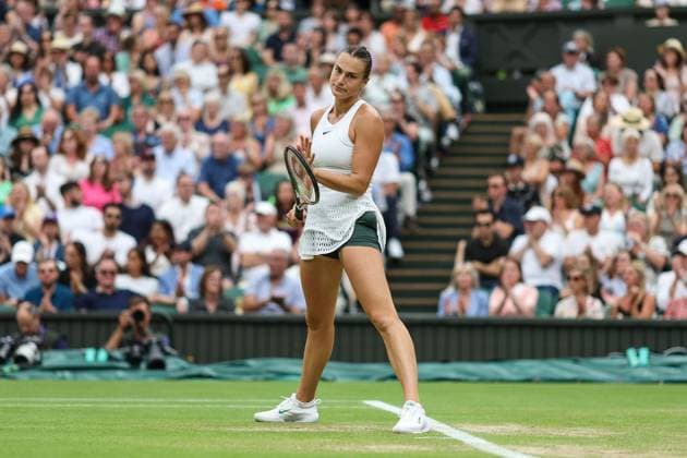 Wimbledon: Day Eleven 13 July 2023, Wimbledon - Wimbledon Tennis Championships - Day Eleven - Aryna Sabalenka applauds a well made play by opponent Ons Jabeur (TUN) - Photo: Charlotte Wilson Offside. Wimbledon UK Copyright: xCharlottexWilsonx xOffsidexOffside