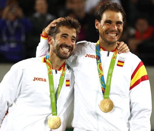 Rio 2016 - Last Days of The Summer Olympic Games, Olympische Spiele, Olympia, OS Rafael Nadal ,right and Marc Lopez, of Spain have won the tennis double gold during the last days of the Rio 2016 Summer Olympic Games in Rio de Janeiro, Brazil, on August 2016. Photo by Giuliano Bevilacqua ABACAPRESS.COM Rio de Janeiro Brazil  Copyright: xBevilacquaxGiuliano ABACAx 560130_019 BevilacquaxGiuliano ABACAx 560130_019