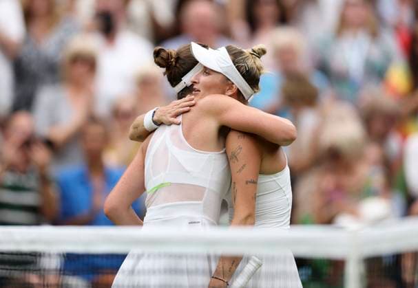 (230714) -- LONDON, July 14, 2023 -- Marketa Vondrousova (R) greets with Elina Svitolina after the women s singles semifinal between Marketa Vondrousova of the Czech Republic and Elina Svitolina of Ukraine at Wimbledon tennis championship in London, Britain, on July 13, 2023. ) (SP)BRITAIN-LONDON-TENNIS-WIMBLEDON-DAY 11 HanxYan 