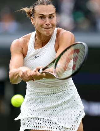 (230714) -- LONDON, July 14, 2023 -- Aryna Sabalenka competes during the women s singles semifinal between Ons Jabeur of Tunisia and Aryna Sabalenka of Belarus at Wimbledon tennis championship in London, Britain, on July 13, 2023. ) (SP) BRITAIN-LONDON-TENNIS-WIMBLEDON-DAY 11 HanxYan 