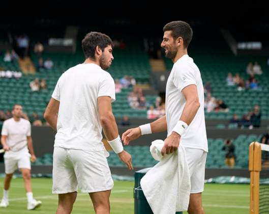 2023 Wimbledon Championships Novak Djokovic (SRB), and Carlos Alcaraz (ESP) meet on Number One court for their practice sessions in advance of the mens™ semi finals on Day 12 at the 2023 Wimbledon Championships at the All England Club, London, UK, 14 July 2023, Credit:Peter van den Berg Avalon United Kingdom, England, London, All England Lawn Tennis and Croquet Club  Copyright: xPeterxvanxdenxBergx xAvalonx 0789051167