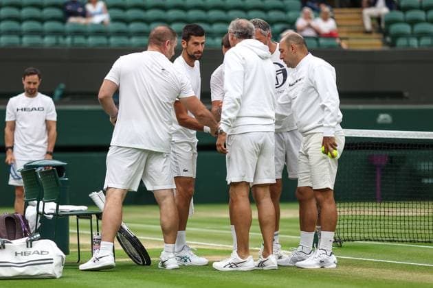 Wimbledon: Day Twelve 14 July 2023, Wimbledon - Wimbledon Tennis Championships - Day Twelve - Novak Djokovic with his coaching team - Photo: Charlotte Wilson Offside. Wimbledon UK Copyright: xCharlottexWilsonx xOffsidexOffside
