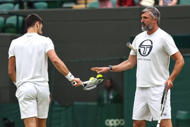 Wimbledon: Day Twelve 14 July 2023, Wimbledon - Wimbledon Tennis Championships - Day Twelve - Coach Goran Ivanisevic and Novak Djokovic - Photo: Charlotte Wilson Offside. Wimbledon UK Copyright: xCharlottexWilsonx xOffsidexOffside