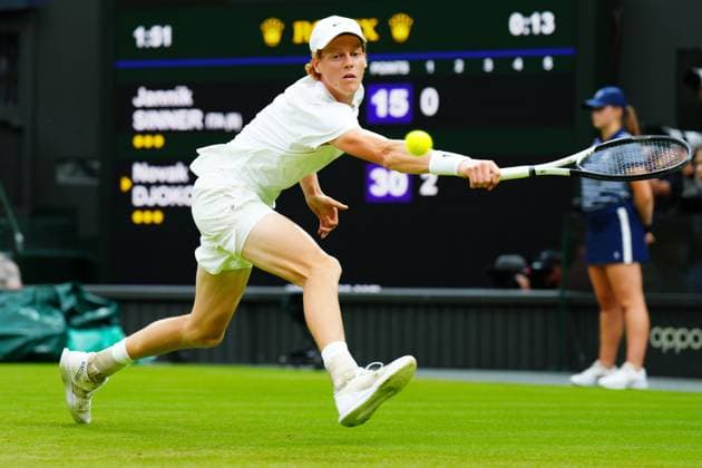 Mandatory Credit: Photo by Javier Garcia Shutterstock (14009601at) Jannik Sinner during his semi final match Wimbledon Tennis Championships, Day 12, The All England Lawn Tennis and Croquet Club, London, UK - 14 Jul 2023 Wimbledon Tennis Championships, Day 12, The All England Lawn Tennis and Croquet Club, London, UK - 14 Jul 2023  Copyright: xJavierxGarcia Shutterstockx 14009601at