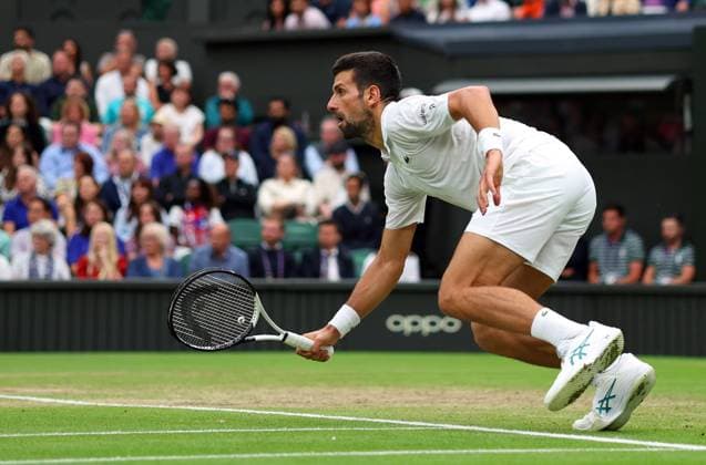 Mandatory Credit: Photo by Ella Ling Shutterstock (14009603at) Novak Djokovic during his semi final match Wimbledon Tennis Championships, Day 12, The All England Lawn Tennis and Croquet Club, London, UK - 14 Jul 2023 Wimbledon Tennis Championships, Day 12, The All England Lawn Tennis and Croquet Club, London, UK - 14 Jul 2023  Copyright: xEllaxLing Shutterstockx 14009603at