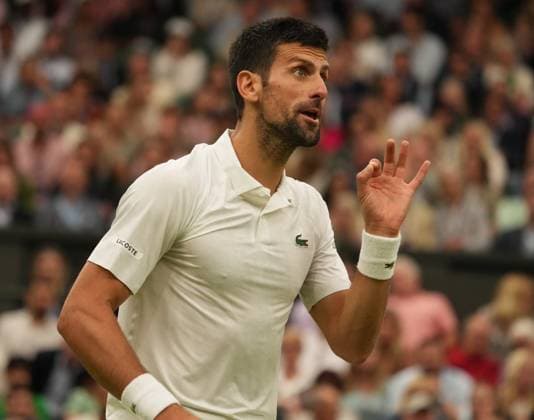 Tennis - 2023 Wimbledon Championships - Week Two - Day Twelve - All England lawn Tennis & Racquet Club, Wimbledon - Friday 14th Mens Semi final - Novak Djokovic v Jannik Sinner Novak Djokovic argues with Umpire Haigh 