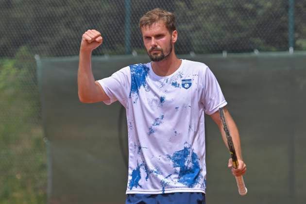 Oscar Otte GER Schlussjubel Schlußjubel Emotion Freude 14.07.2023 Tennis 1. Bundesliga Herren, TC Bredeney 1 vs TC Großhesselohe , Tennis Club Bredeney, Essen, NRW Germany
