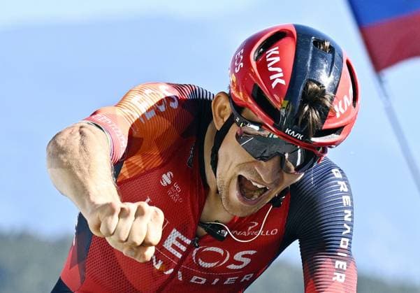 Sport Themen der Woche KW28 Sport Bilder des Tages Polish Michal Kwiatkowski of Ineos Grenadiers celebrates as he crosses the finish line to win stage 13 of the Tour de France cycling race, from Chatillon-sur-Chalaronne to Grand Colombier (137,8 km), France, Friday 14 July 2023. This year s Tour de France takes place from 01 to 23 July 2023. JASPERxJACOBS  x70593067x