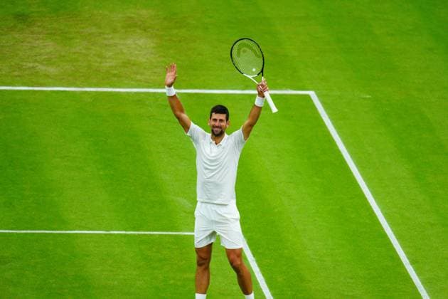 Mandatory Credit: Photo by Javier Garcia Shutterstock (14009601cw) Novak Djokovic celebrates victory in his semi final match Wimbledon Tennis Championships, Day 12, The All England Lawn Tennis and Croquet Club, London, UK - 14 Jul 2023 Wimbledon Tennis Championships, Day 12, The All England Lawn Tennis and Croquet Club, London, UK - 14 Jul 2023  Copyright: xJavierxGarcia Shutterstockx 14009601cw