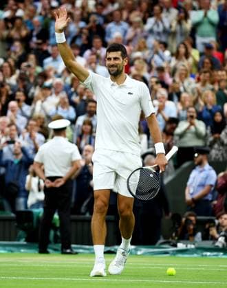 Mandatory Credit: Photo by Kieran McManus Shutterstock (14009604ch) Novak Djokovic of Serbia celebrates winning his Semi Final match. Wimbledon Tennis Championships, Day 12, The All England Lawn Tennis and Croquet Club, London, UK - 14 Jul 2023 Wimbledon Tennis Championships, Day 12, The All England Lawn Tennis and Croquet Club, London, UK - 14 Jul 2023  Copyright: xKieranxMcManus Shutterstockx 14009604ch