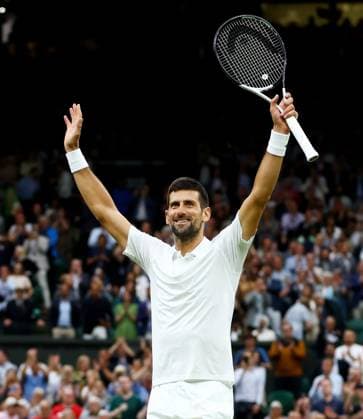 Mandatory Credit: Photo by Kieran McManus Shutterstock (14009604cj) Novak Djokovic of Serbia celebrates winning his Semi Final match. Wimbledon Tennis Championships, Day 12, The All England Lawn Tennis and Croquet Club, London, UK - 14 Jul 2023 Wimbledon Tennis Championships, Day 12, The All England Lawn Tennis and Croquet Club, London, UK - 14 Jul 2023  Copyright: xKieranxMcManus Shutterstockx 14009604cj