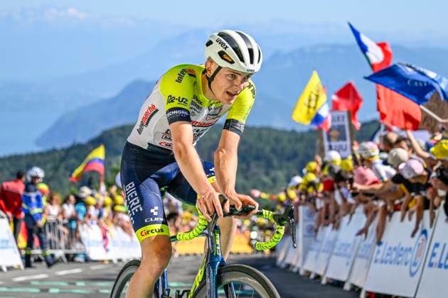 Tour de France 2023 - Stage 13 GRAND COLOMBIER, FRANCE - JULY 14 : Zimmermann Georg (GER) of Intermarche - Circus - Wanty at the finish line during stage 13 of the 110th edition of the Tour de France 2023 cycling race, a stage of 138 kms with start in Chatillon-sur-Chalaronne and finish in Grand Colombier on July 14, 2023 in Grand Colombier, France, 14 07 2023 ( Motordriver Kenny Verfaillie - Grand Colombier France  Copyright: xNicoxVereeckenx