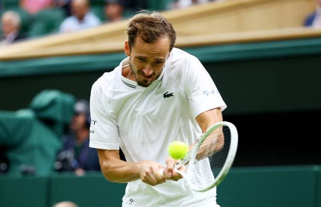 Mandatory Credit: Photo by Kieran McManus Shutterstock (14009604di) Daniil Medvedev of Russia in action during his Semi Final match. Wimbledon Tennis Championships, Day 12, The All England Lawn Tennis and Croquet Club, London, UK - 14 Jul 2023 Wimbledon Tennis Championships, Day 12, The All England Lawn Tennis and Croquet Club, London, UK - 14 Jul 2023  Copyright: xKieranxMcManus Shutterstockx 14009604di